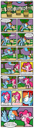 Size: 1040x3832 | Tagged: safe, artist:kingtoby19, character:pinkie pie, character:rainbow dash, comic:occupied!, comic, desperation, need to pee, omorashi, potty dance, potty emergency, potty time, this will end in tears, thud, trotting in place