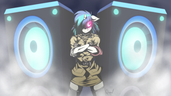 Size: 1921x1080 | Tagged: safe, artist:quynzel, character:dj pon-3, character:vinyl scratch, species:anthro, anime, bass cannon, crossed arms, crossover, female, floppy ears, hellsing, hellsing ultimate abridged, looking at you, loud speaker, nowacking, seras victoria, smoke, solo, speakers, vinyl the vampire, voice actor joke