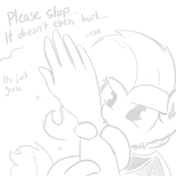 Size: 792x792 | Tagged: safe, artist:tjpones, character:flutterbat, character:fluttershy, species:bat pony, species:human, species:pony, biting, cute, dialogue, disembodied hand, drool, fangs, grayscale, hand, monochrome, nom, offscreen character, race swap, shyabates, shyabetes, simple background, spread wings, tjpones is trying to murder us, white background, wings