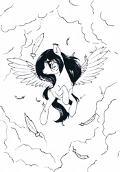 Size: 2409x3436 | Tagged: safe, artist:lilapudelpony, oc, oc only, oc:lucky doodle, species:pegasus, species:pony, inktober, black and white, grayscale, ink, inktober 2016, monochrome, sky, solo, spread wings, traditional art, wings