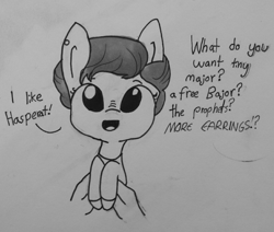 Size: 1235x1047 | Tagged: safe, artist:tjpones, species:earth pony, species:pony, cute, deep space nine, grayscale, hand, holding a pony, kira nerys, looking at you, monochrome, non-mlp character, nose wrinkle, offscreen character, open mouth, ponified, smiling, solo focus, star trek, traditional art, what do you want