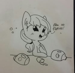 Size: 1058x1043 | Tagged: safe, artist:tjpones, character:applejack, species:earth pony, species:pony, apple cider (drink), black and white, chest fluff, drunk, drunk aj, drunk bubbles, ear fluff, glass, grayscale, hard cider, lineart, missing accessory, missing hat, monochrome, shot glass, solo, traditional art