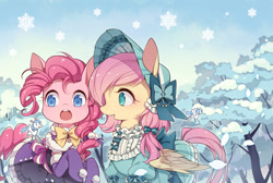 Size: 850x570 | Tagged: safe, artist:huaineko, character:fluttershy, character:pinkie pie, oc, clothing, colored, dress, frilly dress, hat, pixiv, snow, winter, winter outfit