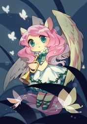 Size: 2480x3506 | Tagged: safe, artist:huaineko, character:fluttershy, bugle, clothing, dress, fairy, shoes, solo