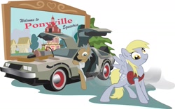 Size: 1755x1102 | Tagged: safe, artist:devinian, character:derpy hooves, species:pegasus, species:pony, back to the future, car, delorean, doc brown, female, mare, parody, ponified, ponyville