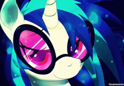 Size: 1024x718 | Tagged: safe, artist:lilapudelpony, character:dj pon-3, character:vinyl scratch, species:pony, species:unicorn, cute, ear fluff, lidded eyes, looking at you, smiling, solo, sunglasses, vinylbetes