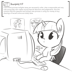 Size: 1080x1080 | Tagged: safe, artist:tjpones, character:twilight sparkle, character:twilight sparkle (alicorn), species:alicorn, species:pony, abuse of power, astroturfing, blatant lies, chest fluff, computer, computer mouse, ear fluff, grayscale, keyboard, monochrome, narcissism, picture, sockpuppeting, solo, typing