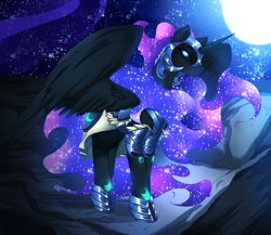 Size: 3600x3130 | Tagged: safe, artist:madacon, character:nightmare moon, character:princess luna, armor, big wings, color porn, full moon, galaxy mane, helmet, long mane, long tail, moon, slit eyes, solo, spread wings, stars, wings