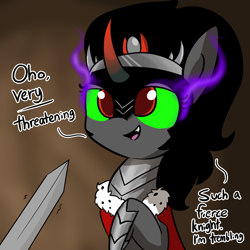 Size: 1080x1080 | Tagged: safe, artist:tjpones, character:king sombra, species:pony, species:unicorn, bedroom eyes, dialogue, female, mare, offscreen character, open mouth, queen umbra, rule 63, sarcasm, shaking, smiling, solo focus, sword, trembling, unimpressed, weapon