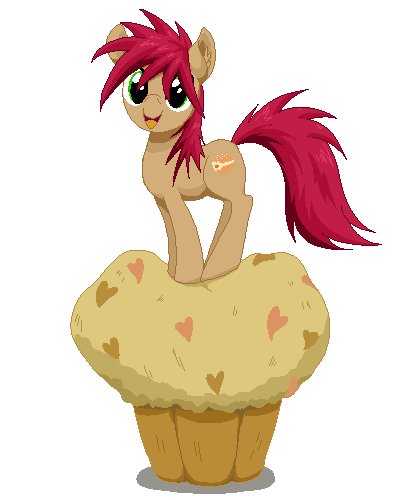 Size: 420x500 | Tagged: safe, artist:lilapudelpony, oc, oc only, oc:princess pancake, species:earth pony, species:pony, animated, blinking, bouncing, cute, food, gif, heart, l.o.v.e.m.u.f.f.i.n., looking at you, muffin, open mouth, pixel art, simple background, smiling, solo, transparent background