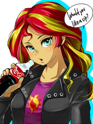 Size: 590x787 | Tagged: safe, artist:aruba, character:sunset shimmer, my little pony:equestria girls, blushing, clothing, coca-cola, dialogue, female, jacket, leather jacket, looking at you, open mouth, pixiv, simple background, solo, white background
