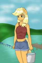 Size: 1024x1536 | Tagged: safe, artist:nwinter3, character:applejack, species:anthro, belly button, bucket, clothing, daisy dukes, female, fishing rod, hatless, midriff, missing accessory, shorts, solo, tank top