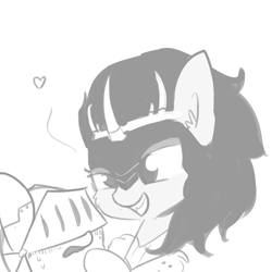 Size: 1080x1080 | Tagged: safe, artist:tjpones, character:king sombra, blushing, cute, fantasy class, generic pony, grin, heart, imminent kissing, knight, monochrome, queen umbra, rule 63, rule63betes, smiling, umbradorable, warrior