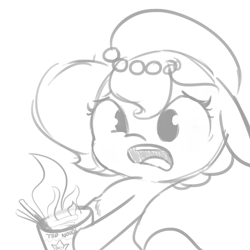 Size: 1080x1080 | Tagged: safe, artist:tjpones, oc, oc only, oc:brownie bun, species:earth pony, species:pony, horse wife, black and white, burning, cooking, fail, fire, food, grayscale, hoof hold, how, instant noodles, monochrome, noodles, open mouth, simple background, solo, white background