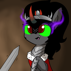 Size: 1080x1080 | Tagged: safe, artist:tjpones, edit, editor:dsp2003, character:king sombra, offscreen character, open mouth, queen umbra, rule 63, shaking, smiling, solo focus, sword, textless, trembling, unimpressed, weapon