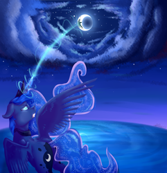 Size: 4609x4780 | Tagged: safe, artist:vavaig69, character:princess luna, absurd resolution, celestial mechanics, glowing horn, looking up, magic, moon, moon work, night, solo, spread wings, wings