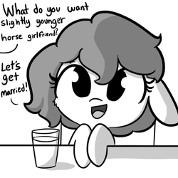 Size: 1080x1080 | Tagged: safe, artist:tjpones, oc, oc only, oc:brownie bun, oc:richard, species:earth pony, species:pony, horse wife, :d, brownie bun without her pearls, cheek fluff, cute, dialogue, female, floppy ears, glass, grayscale, hnnng, leaning, looking at you, mare, monochrome, offscreen character, simple background, solo, this will end in marriage, what do you want, white background, younger