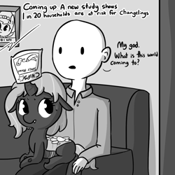 Size: 1080x1080 | Tagged: safe, artist:tjpones, oc, oc only, oc:brownie bun, oc:chips, oc:richard, species:changeling, species:earth pony, species:human, species:pony, horse wife, #1 wife, changeling oc, changeling queen, changeling queen oc, chips, comic, dialogue, female, food, grayscale, human male, male, mare, monochrome, open mouth, paper-thin disguise, picture, picture frame, single panel, sweat, tumblr
