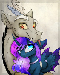Size: 1820x2263 | Tagged: safe, artist:magnaluna, character:discord, character:princess luna, species:alicorn, species:draconequus, species:pony, ship:lunacord, curved horn, cute, cute little fangs, fangs, galaxy mane, hug, lunabetes, male, shipping, straight, tongue out