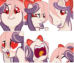 Size: 1675x1437 | Tagged: safe, artist:peachesandcreamated, oc, oc only, oc:sweet velvet, species:bat pony, species:pony, g3, bat pony oc, bow, coffee, crying, expressions, female, grumpy, hair bow, happy, heart eyes, icon, mare, pinkie blind, simple background, solo, transparent background, want it need it, wingding eyes, ych result