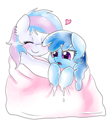 Size: 2118x2382 | Tagged: safe, artist:pridark, oc, oc only, oc:flowheart, oc:starburn, badumsquish approved, blanket, blushing, cute, duo, eyes closed, female, frown, goo pony, heart, hug, open mouth, original species, simple background, smiling, white background, worried