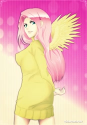 Size: 1904x2739 | Tagged: safe, artist:lilapudelpony, character:fluttershy, species:human, abstract background, anime style, clothing, female, hands behind back, humanized, looking at you, sexy, solo, sweater, sweatershy, winged humanization, wings