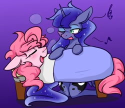 Size: 370x320 | Tagged: safe, artist:azurepicker, character:pinkie pie, character:princess luna, bed, both cutie marks, duo, gradient background, lullaby, snot bubble, weird leg anatomy