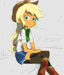 Size: 561x654 | Tagged: safe, artist:baekgup, edit, editor:rmzero, character:applejack, my little pony:equestria girls, boots, clothing, color edit, colored, cowboy boots, cowboy hat, female, hat, pantyhose, sitting, solo