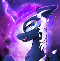 Size: 2480x2530 | Tagged: safe, artist:magnaluna, character:nightmare moon, character:princess luna, species:alicorn, species:pony, armor, bat wings, bedroom eyes, bust, chest fluff, ear fluff, eyelashes, eyeshadow, fangs, female, floppy ears, fluffy, galaxy mane, helmet, high res, leg fluff, licking, licking lips, lidded eyes, looking at you, makeup, mare, neck fluff, nightmare luna, open mouth, portrait, raised hoof, sharp teeth, slit eyes, solo, starry eyes, stars, teeth, tongue out, wing fluff, wingding eyes, wings