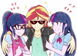 Size: 2274x1642 | Tagged: safe, artist:aka-ryuga, character:sunset shimmer, character:twilight sparkle, character:twilight sparkle (scitwi), species:eqg human, ship:scitwishimmer, ship:sunsetsparkle, my little pony:equestria girls, clothing, female, heart, jacket, lesbian, shipping, smiling, sunglasses, sunset gets all the twilights, sunset twiangle, twolight