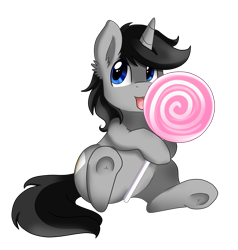 Size: 1979x2083 | Tagged: safe, artist:pridark, oc, oc only, oc:greyline, candy, commission, cute, food, licking, lollipop, simple background, sitting, solo, tongue out, transparent background, underhoof