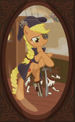 Size: 917x1484 | Tagged: safe, artist:devinian, character:applejack, species:pony, amputee, bicorne, bipedal, clothing, costume, glare, gritted teeth, gun leg, hat, leaning, peg leg, pirate, ponified, prosthetic leg, prosthetic limb, prosthetics, smirk, spider-man, steampunk, sword, weapon