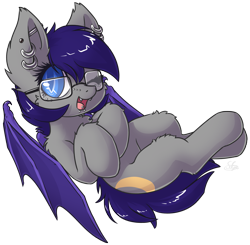 Size: 1865x1827 | Tagged: safe, artist:sapphfyr, oc, oc only, oc:moondew, species:bat pony, species:pony, cheek fluff, chest fluff, colored pupils, cute, ear fluff, ear piercing, earring, fluffy, gauges, glasses, jewelry, lip piercing, looking at you, nose piercing, on back, one eye closed, piercing, simple background, snake bites, solo, tongue piercing, transparent background, wink