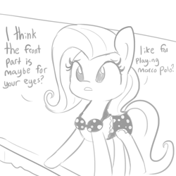 Size: 1080x1080 | Tagged: safe, artist:tjpones, character:fluttershy, species:pony, bikini, bra on pony, clothing, confused, dialogue, grayscale, innocent, marco polo, monochrome, open mouth, painfully innocent fluttershy, silly, silly pony, sketch, solo, swimming pool, swimsuit