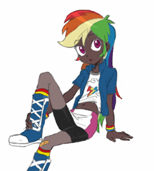 Size: 450x500 | Tagged: safe, artist:baekgup, edit, editor:rmzero, character:rainbow dash, my little pony:equestria girls, belly button, bike shorts, boots, clothing, color edit, colored, colored sketch, compression shorts, cute, dark skin, female, human coloration, midriff, pantyhose, shorts, simple background, skirt, skirt lift, socks, solo, white background