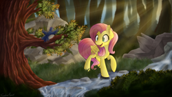 Size: 2560x1440 | Tagged: safe, artist:sentireaeris, character:fluttershy, species:bird, species:pegasus, species:pony, crepuscular rays, ear fluff, forest, head turn, looking at something, morning ponies, raised hoof, river, scenery, signature, solo, stream, tree
