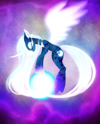 Size: 1563x1931 | Tagged: dead source, safe, artist:magnaluna, character:princess luna, alternate universe, color porn, curved horn, eyes closed, eyestrain warning, magic, solo, spread wings, wings
