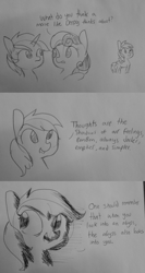 Size: 1280x2403 | Tagged: safe, artist:tjpones, character:bon bon, character:derpy hooves, character:lyra heartstrings, character:sweetie drops, species:earth pony, species:pegasus, species:pony, species:unicorn, comic, derp, dialogue, friedrich nietzsche, grayscale, lineart, monochrome, philosophy, pointing, simple background, traditional art