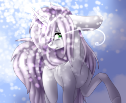 Size: 2700x2200 | Tagged: safe, artist:immagoddampony, oc, oc only, species:pony, species:unicorn, curved horn, female, high res, mare, raised hoof, snow, solo
