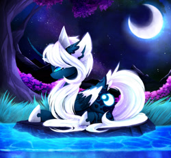 Size: 2480x2295 | Tagged: safe, artist:magnaluna, character:princess luna, species:pony, alternate design, alternate universe, beautiful, crescent moon, crown, curved horn, ear fluff, grass, jewelry, lidded eyes, moon, night, night sky, pond, prone, regalia, scenery, scenery porn, solo, starry night, stars, tree, water
