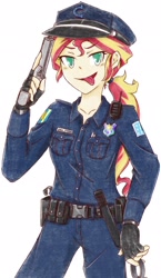 Size: 1190x2048 | Tagged: safe, artist:aka-ryuga, character:sunset shimmer, my little pony:equestria girls, belt, clothing, commando shimmer, female, fingerless gloves, gloves, gun, hat, looking at you, police officer, simple background, solo, tongue out, trigger discipline, weapon, white background