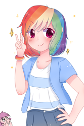 Size: 1314x1977 | Tagged: safe, artist:windymils, character:rainbow dash, species:human, alternate hairstyle, blushing, clothing, cute, dashabetes, duo, duo female, female, humanized, peace sign, short hair, simple background, smiling, solo focus, white background