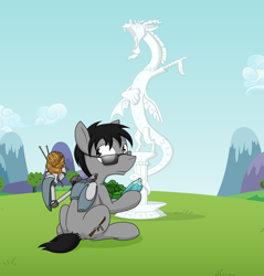 Size: 2251x2354 | Tagged: safe, artist:sandwich-anomaly, character:discord, oc, oc:crossfire, species:earth pony, species:pony, gadget, grass field, looking back, male, mountain, robotic arm, sewing needle, sitting, solo, stallion, statue, yarn
