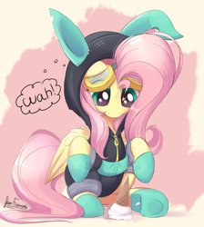 Size: 1820x2030 | Tagged: safe, artist:bugplayer, character:fluttershy, species:pegasus, species:pony, abstract background, bunny ears, clothing, costume, cute, dangerous mission outfit, dropped ice cream, dropping, female, food, goggles, hnnng, hoodie, ice cream, looking down, mare, outfit, shadow, shyabetes, signature, simple background, sitting, solo, this will end in tears, thought bubble, underhoof, wah, wing fluff