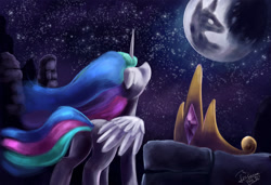 Size: 1024x700 | Tagged: safe, artist:insanerobocat, character:princess celestia, species:alicorn, species:pony, crown, jewelry, looking up, mare in the moon, missing accessory, moon, night, night sky, regalia, sad, solo, starry night, stars