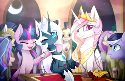 Size: 3280x2106 | Tagged: safe, artist:magnaluna, character:princess celestia, character:princess luna, character:twilight sparkle, species:alicorn, species:earth pony, species:pony, species:unicorn, alcohol, alternate design, alternate hair color, apple, banana, celebration, chest fluff, colored pupils, ear fluff, food, fruit, glass, grapes, indoors, looking at you, moon, night, pink-mane celestia, royal guard, smiling, table, white mane, wine
