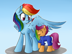 Size: 1856x1405 | Tagged: safe, artist:sentireaeris, character:rainbow dash, character:scootaloo, species:pegasus, species:pony, cheek fluff, clothing, cute, cutealoo, ear fluff, eyes closed, open mouth, overalls, raised hoof, scootalove, signature, wing fluff