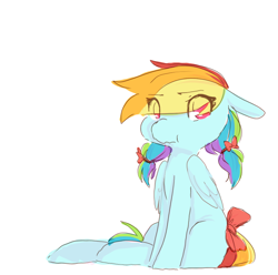 Size: 730x724 | Tagged: safe, artist:braindead, character:rainbow dash, species:pegasus, species:pony, alternate hairstyle, bow, cute, dashabetes, eye clipping through hair, female, folded wings, hair bow, missing cutie mark, pigtails, scrunchy face, simple background, sitting, solo, tail bow, white background