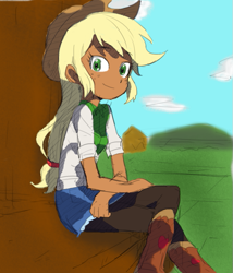 Size: 561x654 | Tagged: safe, artist:baekgup, edit, editor:rmzero, character:applejack, species:human, boots, clothing, color edit, colored, colored background, cowboy boots, cowboy hat, crossed legs, cute, dark skin, female, food, hat, humanized, jackabetes, pantyhose, sitting, solo