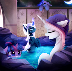 Size: 2480x2427 | Tagged: safe, artist:magnaluna, character:princess celestia, character:princess luna, character:twilight sparkle, character:twilight sparkle (alicorn), oc, species:alicorn, species:pony, alternate universe, blood, blowing bubbles, curved horn, hot springs, nosebleed, paws, peeping tom, spa, towel, water